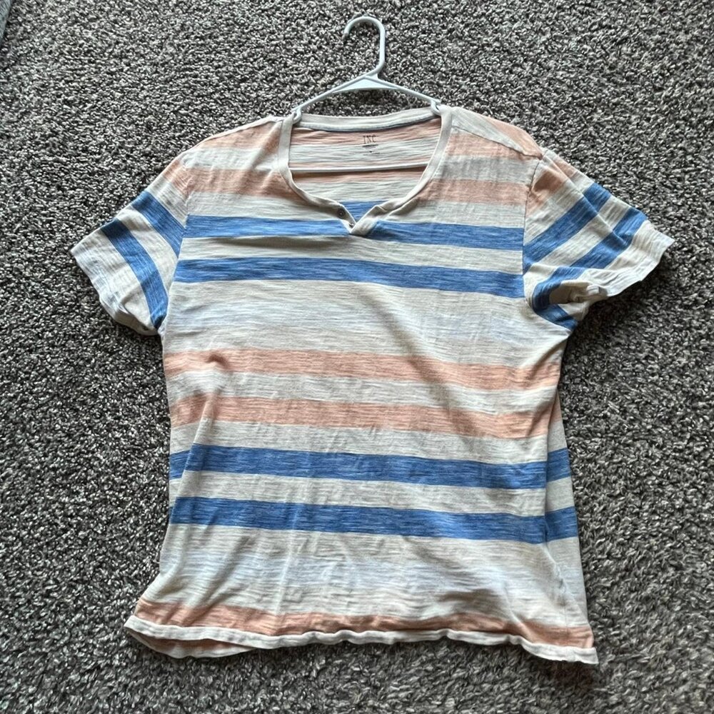 Light Blue Orange And White Striped Cotton Shirt, Mens Large Minimalist Shirt - Picture 1 of 5